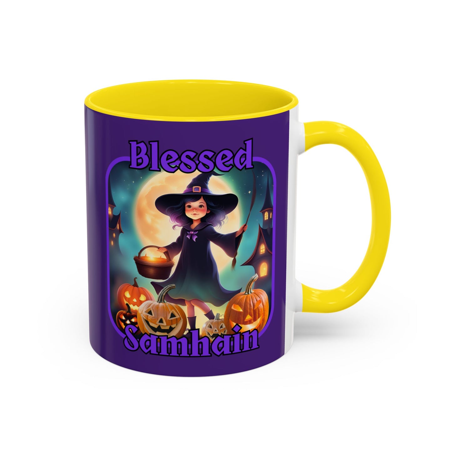 Blessed Samhain Little Witch Purple font Purple Accent Mug by CreepyCrafts.boo