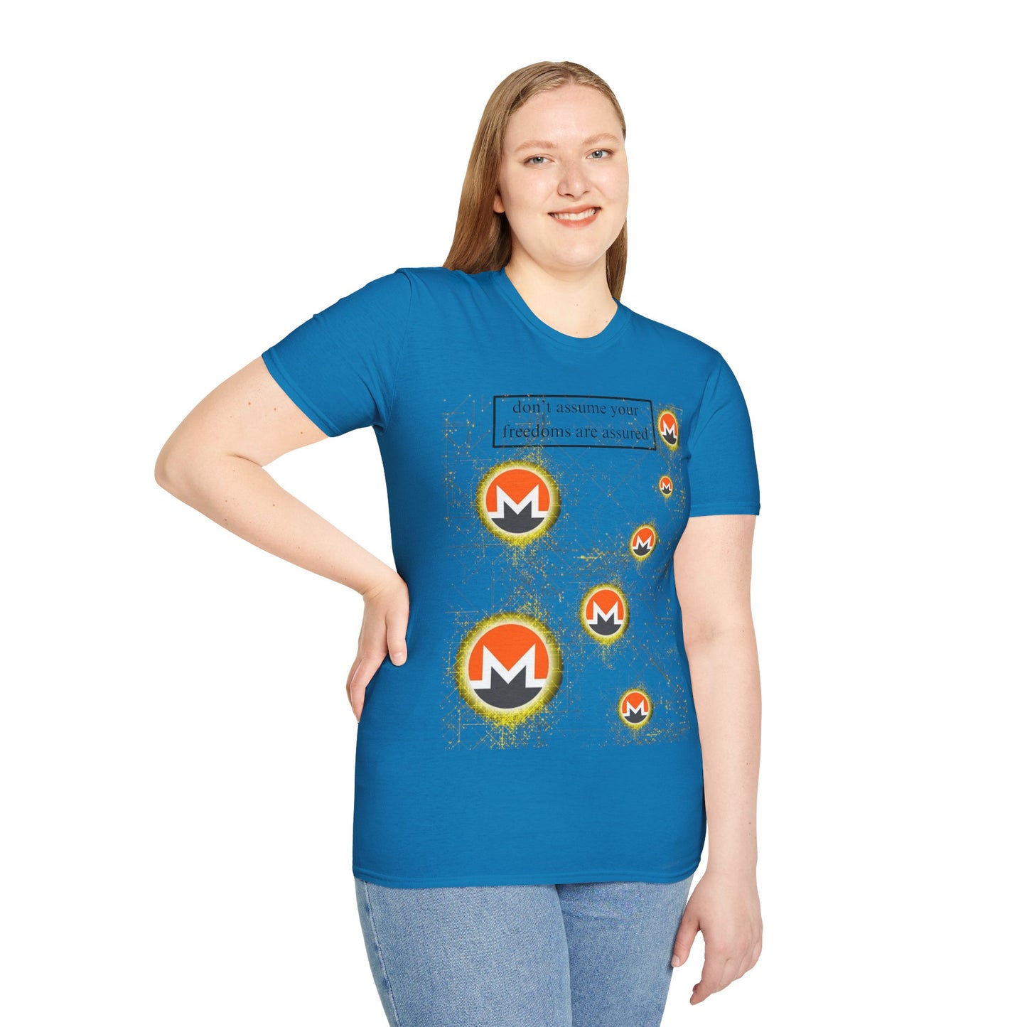 Monero (XMR) don't assume your freedoms are assured Light colors Unisex T-Shirt by cypherpunkgear.com