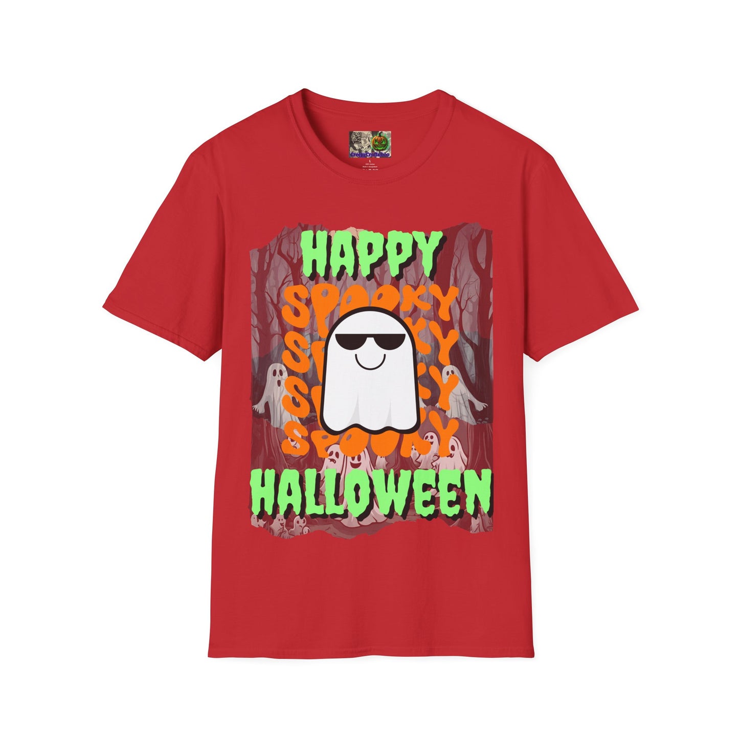 Spooky Happy Halloween Ghost Light colors Green font Unisex T-Shirt by CreepyCrafts.boo