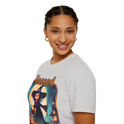 Blessed Samhain Little Witch Orange font Light colors Unisex T-Shirt by CreepyCrafts.boo