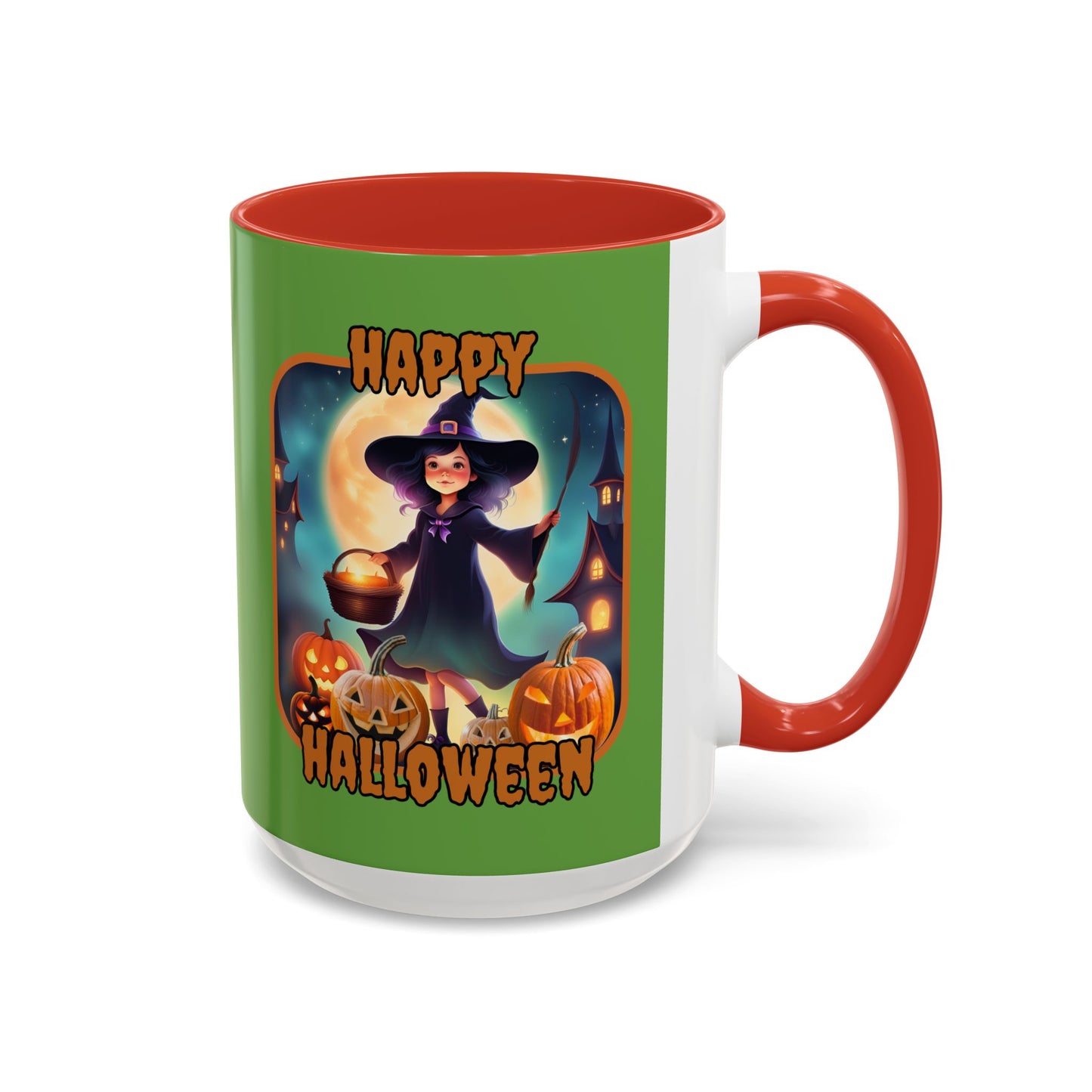 Happy Halloween Little Witch Orange font Green Accent Mug by CreepyCrafts.boo