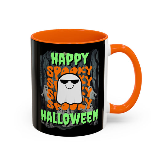 Spooky Happy Halloween Ghost Green font Black Accent Mug by CreepyCrafts.boo