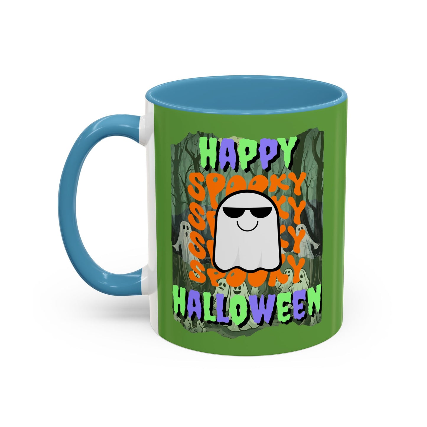 Spooky Happy Halloween Ghost Mixed font Green Accent Mug by CreepyCrafts.boo