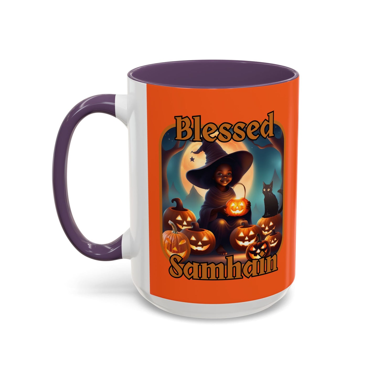 Blessed Samhain Cute Witch Orange font Orange Accent Mug by CreepyCrafts.boo