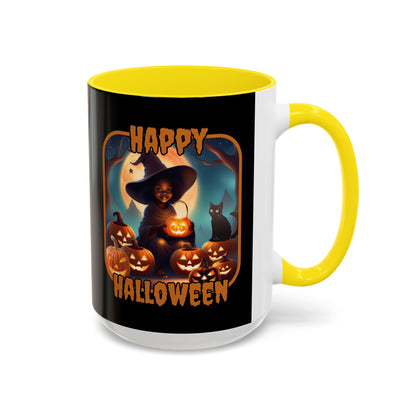 Happy Halloween Cute Witch Orange font Black Accent Mug by CreepyCrafts.boo