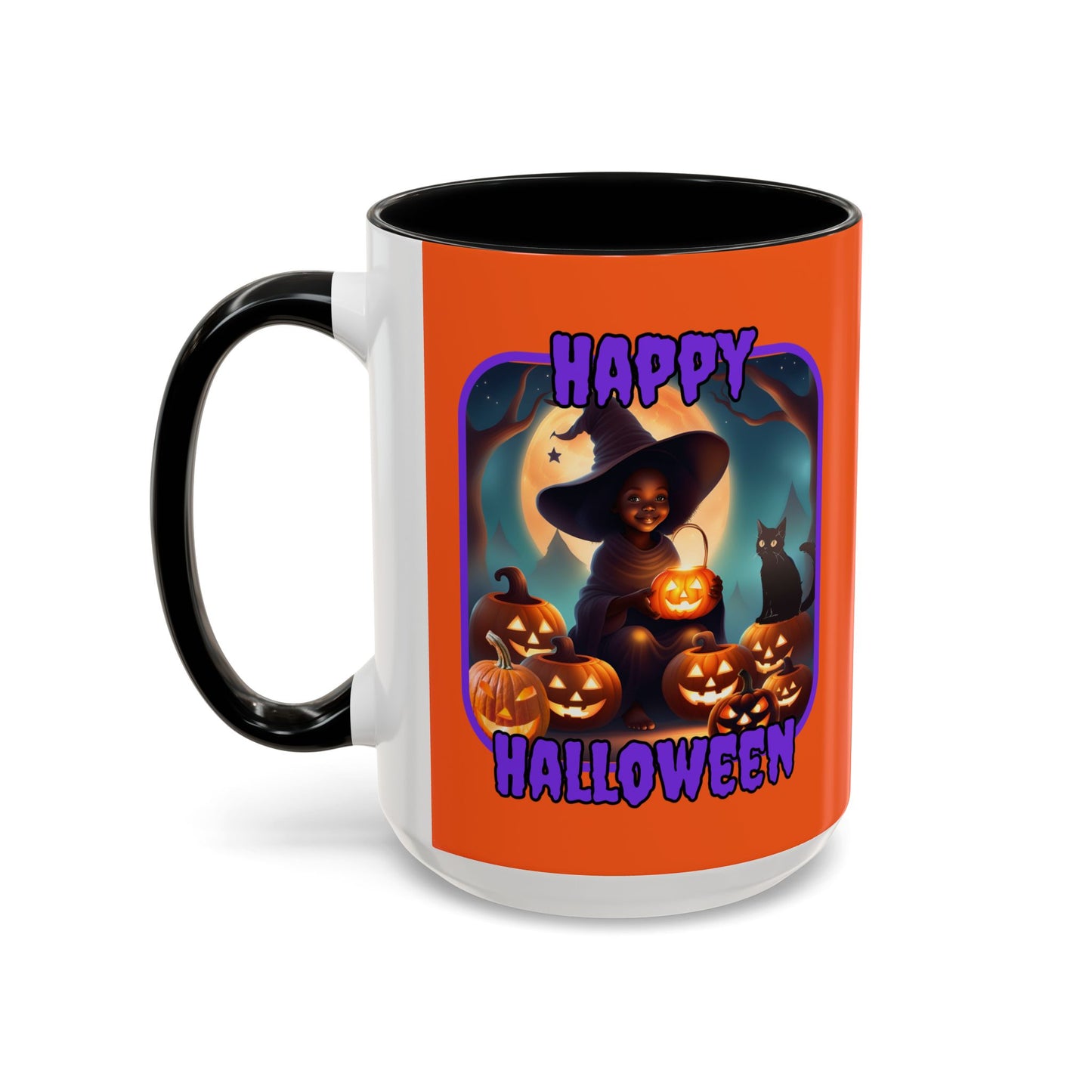 Happy Halloween Cute Witch Purple font Orange Accent Mug by CreepyCrafts.boo