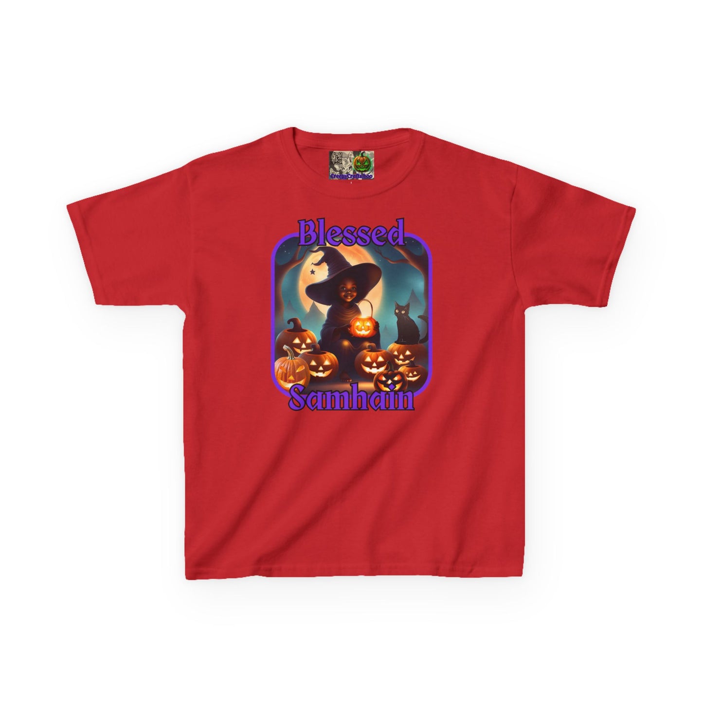 Blessed Samhain Cute Witch Purple font Kids Heavy Cotton™ Tee by CreepyCrafts.boo
