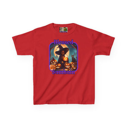Blessed Samhain Cute Witch Purple font Kids Heavy Cotton™ Tee by CreepyCrafts.boo