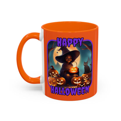 Happy Halloween Cute Witch Purple font Orange Accent Mug by CreepyCrafts.boo