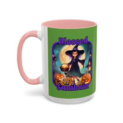 Blessed Samhain Little Witch Purple font Green Accent Mug by CreepyCrafts.boo