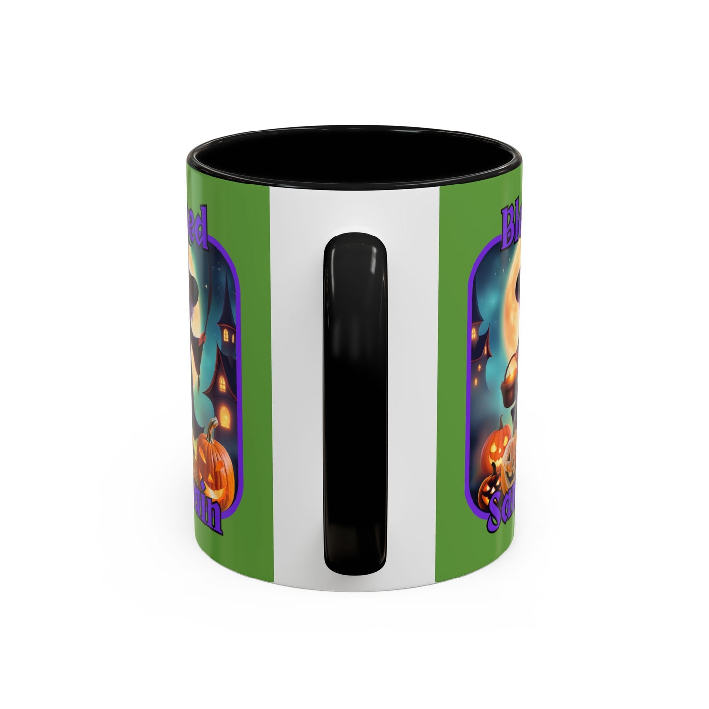 Blessed Samhain Little Witch Purple font Green Accent Mug by CreepyCrafts.boo