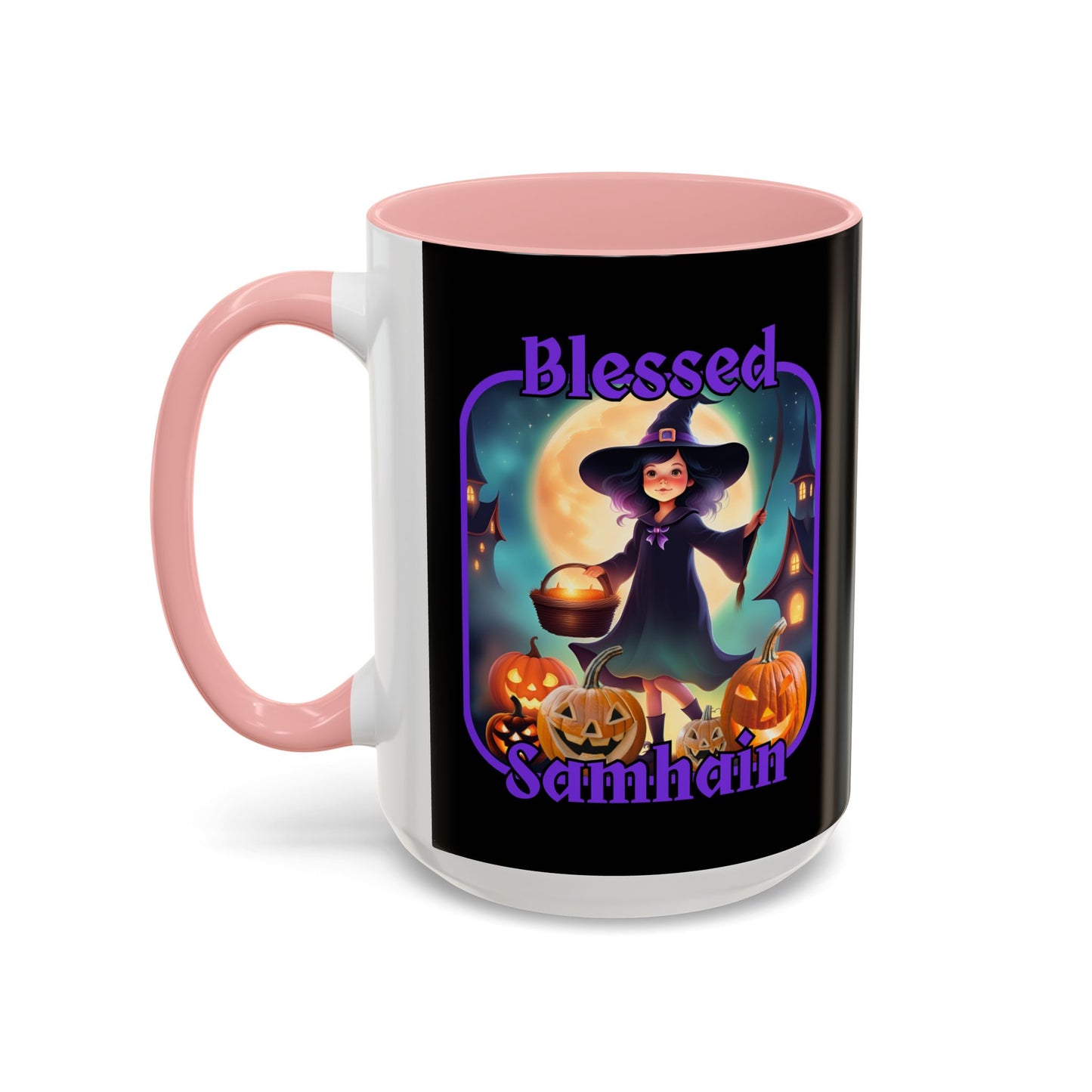 Blessed Samhain Little Witch Purple font Black Accent Mug by CreepyCrafts.boo