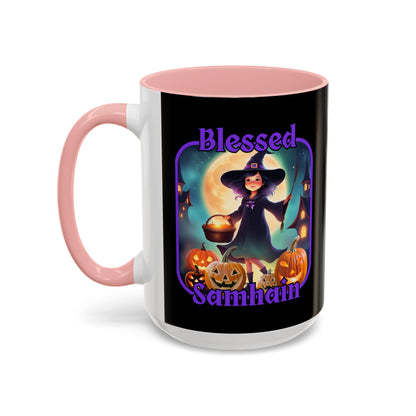 Blessed Samhain Little Witch Purple font Black Accent Mug by CreepyCrafts.boo