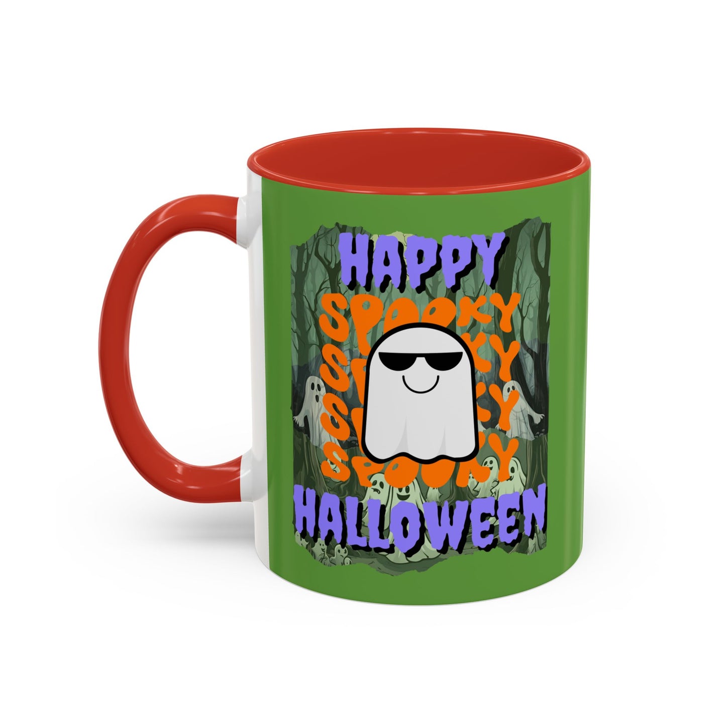 Spooky Happy Halloween Ghost Purple font Green Accent Mug by CreepyCrafts.boo