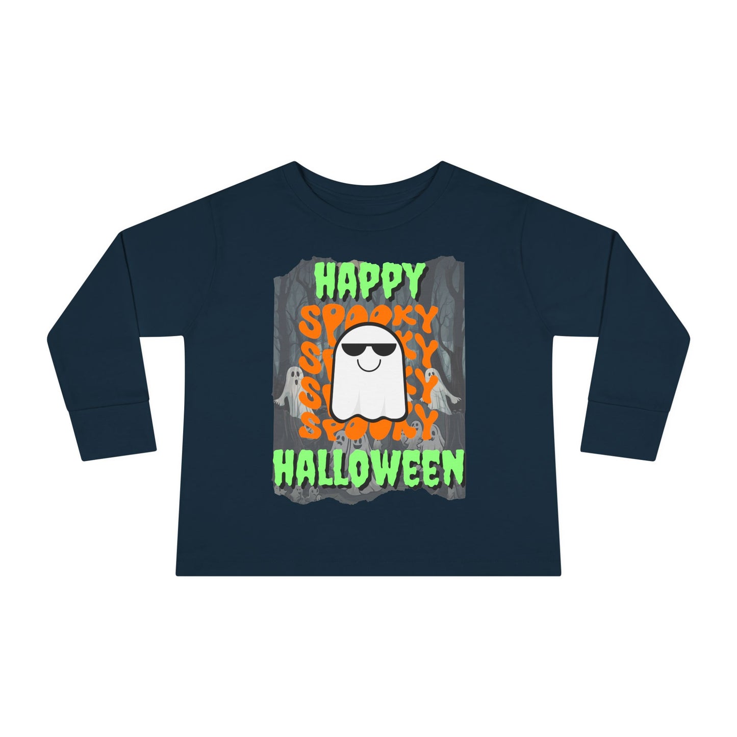 Spooky Happy Halloween Ghost Green font Toddler Long Sleeve Tee by CreepyCrafts.boo
