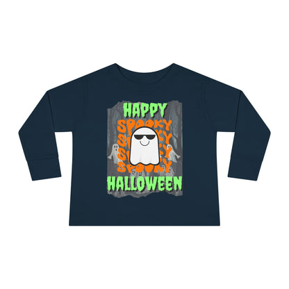 Spooky Happy Halloween Ghost Green font Toddler Long Sleeve Tee by CreepyCrafts.boo
