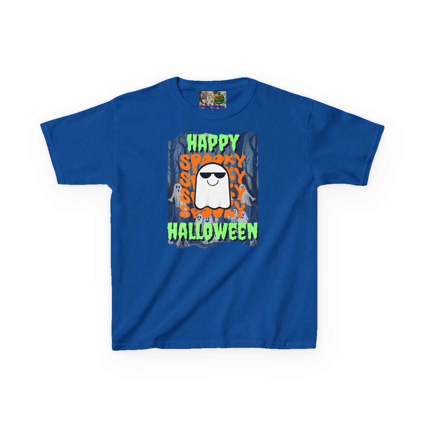 Spooky Happy Halloween Ghost Green font Kids Heavy Cotton™ Tee by CreepyCrafts.boo