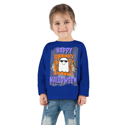 Spooky Happy Halloween Ghost Purple font Toddler Long Sleeve Tee by CreepyCrafts.boo