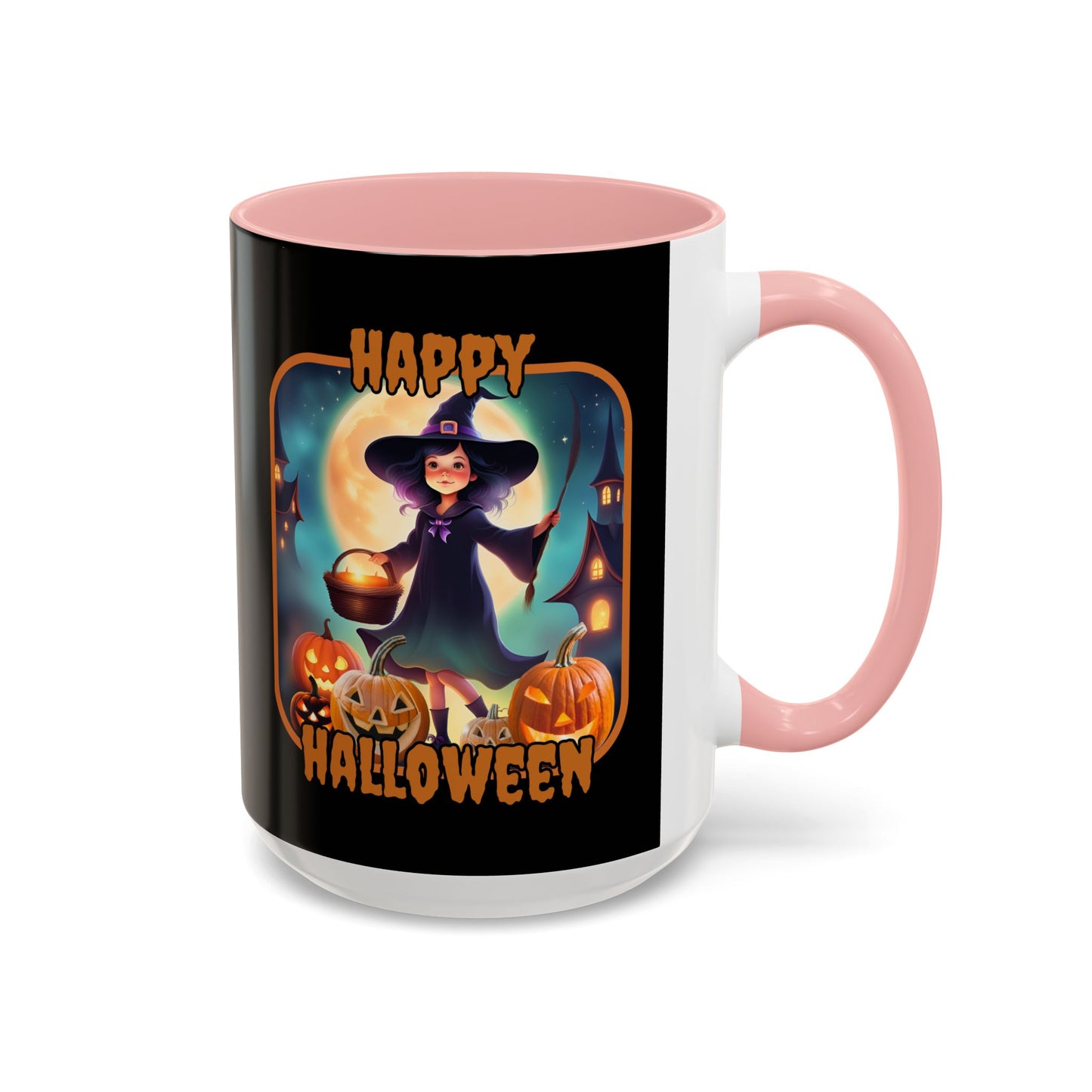 Happy Halloween Little Witch Orange font Black Accent Mug by CreepyCrafts.boo