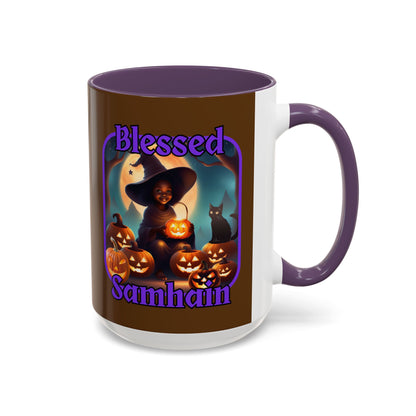 Blessed Samhain Cute Witch Purple font Brown Accent Mug by CreepyCrafts.boo
