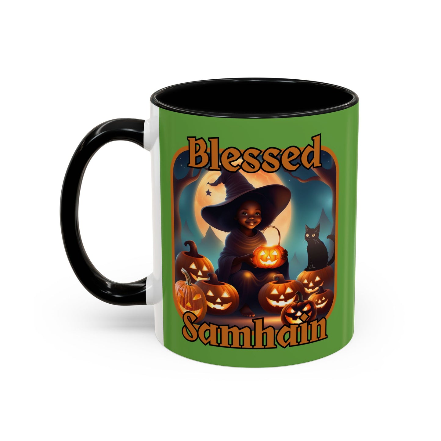 Blessed Samhain Cute Witch Orange font Green Accent Mug by CreepyCrafts.boo