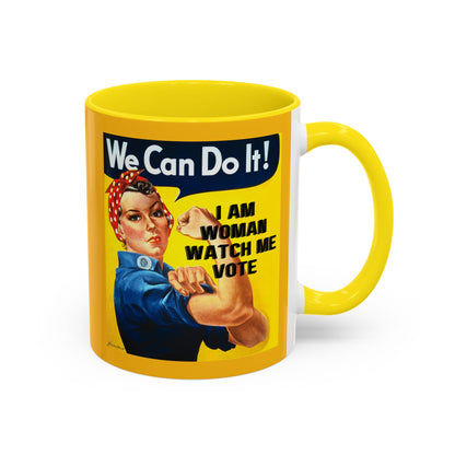 I Am Woman Watch Me Vote Rosie Yellow Accent Mug by cypherpunkgear.com