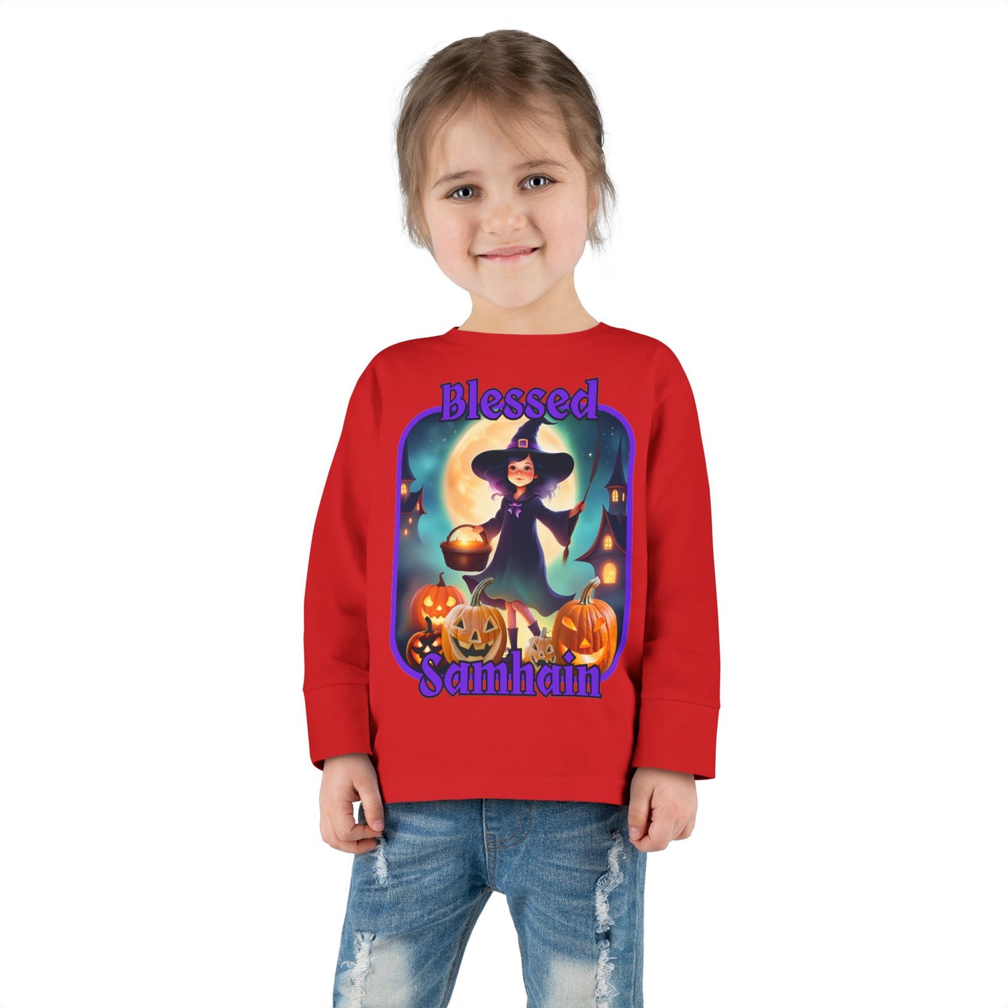 Blessed Samhain Little Witch Purple font Toddler Long Sleeve Tee by CreepyCrafts.boo