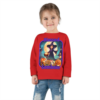 Blessed Samhain Little Witch Purple font Toddler Long Sleeve Tee by CreepyCrafts.boo