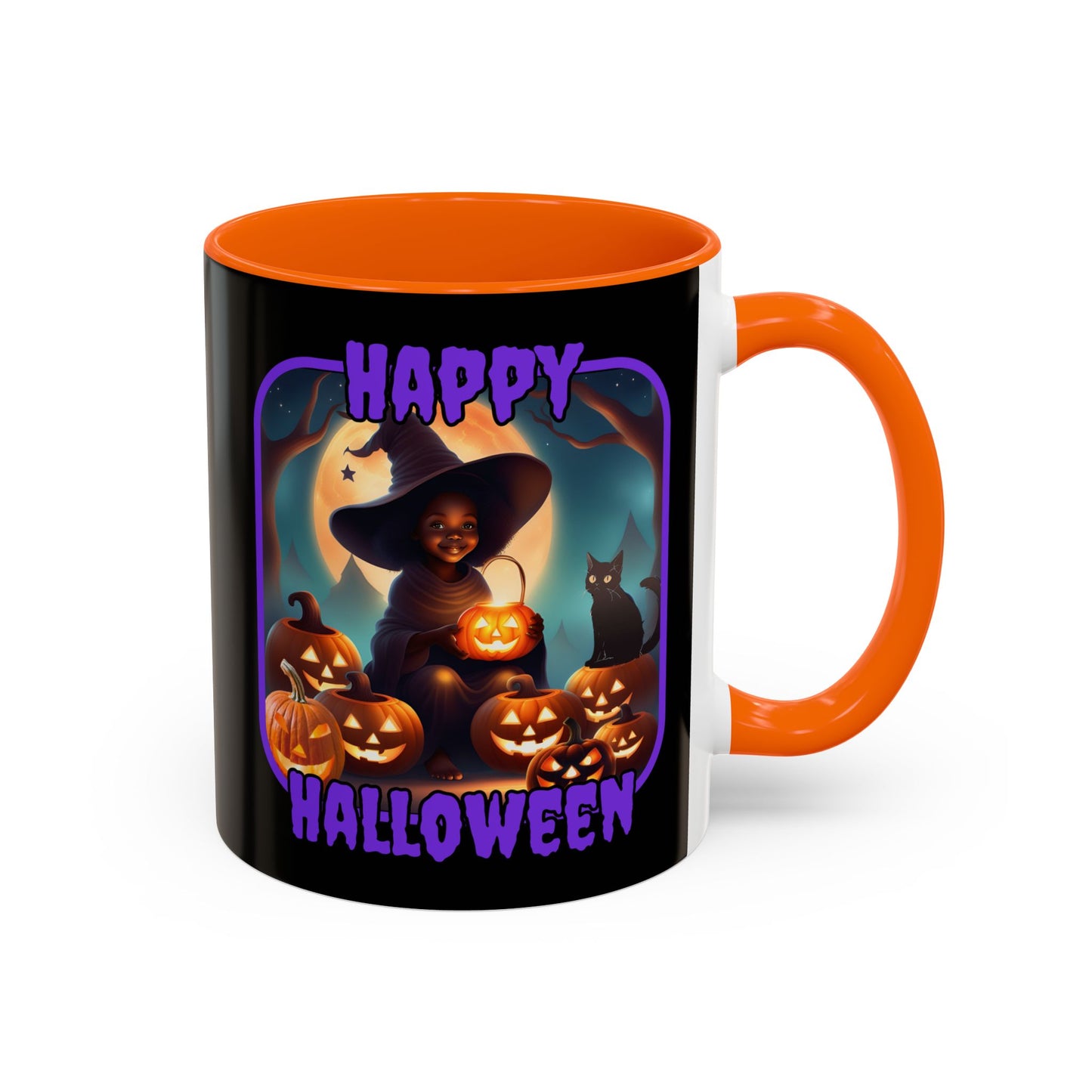 Happy Halloween Cute Witch Purple font Black Accent Mug by CreepyCrafts.boo