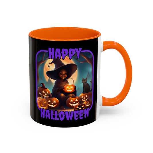 Happy Halloween Cute Witch Purple font Black Accent Mug by CreepyCrafts.boo