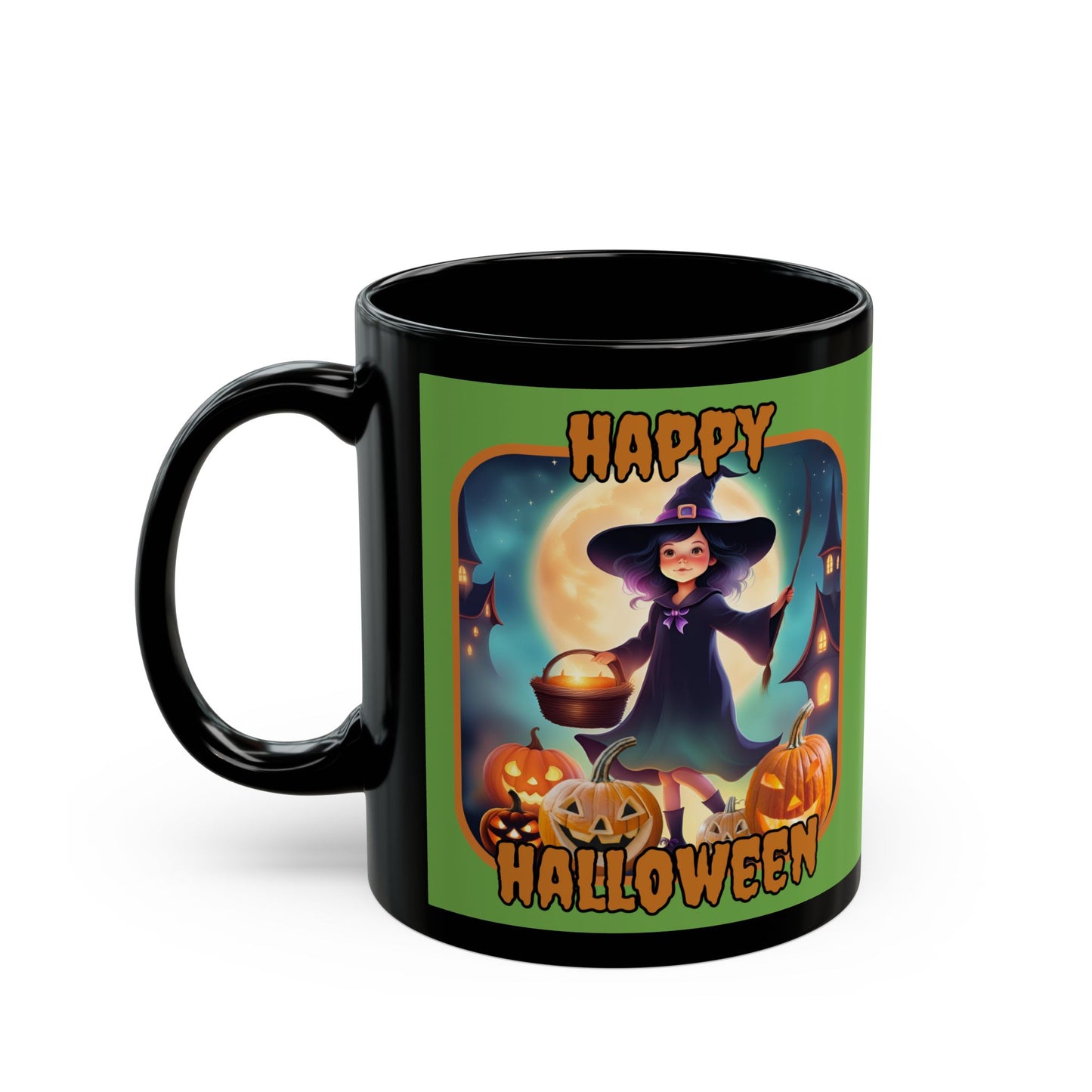 Happy Halloween Little Witch Orange font Green Mug by CreepyCrafts.boo