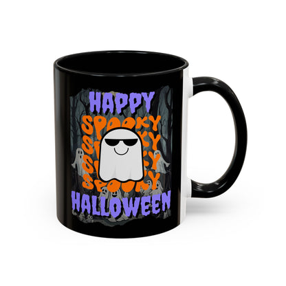 Spooky Happy Halloween Ghost Purple font Black Accent Mug by CreepyCrafts.boo