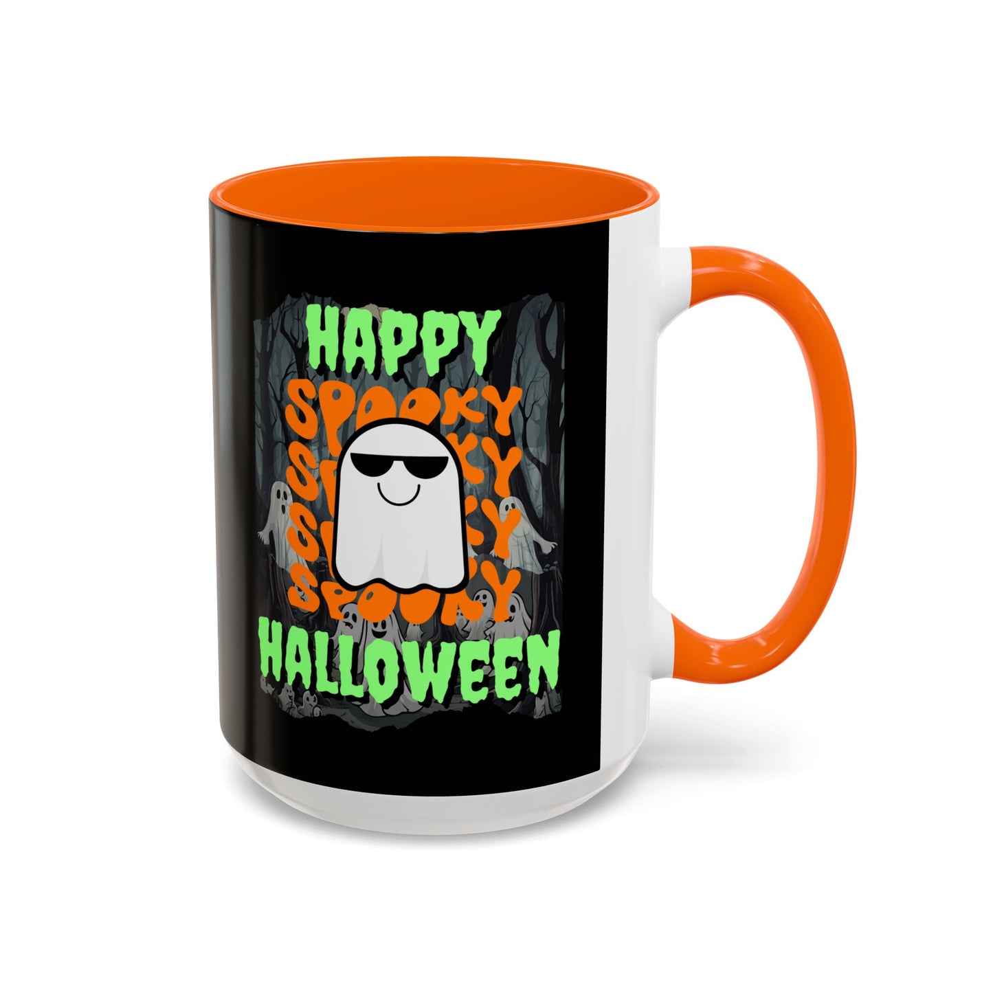 Spooky Happy Halloween Ghost Green font Black Accent Mug by CreepyCrafts.boo