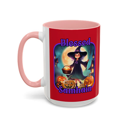 Blessed Samhain Little Witch Purple font Red Accent Mug by CreepyCrafts.boo