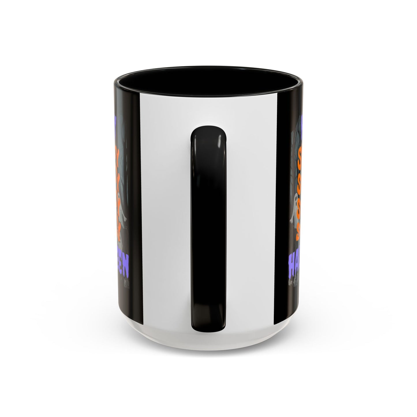 Spooky Happy Halloween Ghost Purple font Black Accent Mug by CreepyCrafts.boo