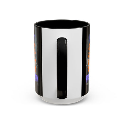 Spooky Happy Halloween Ghost Purple font Black Accent Mug by CreepyCrafts.boo
