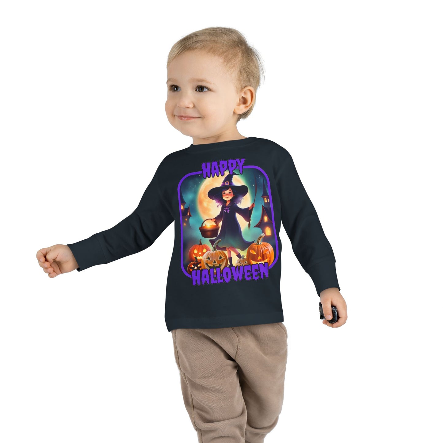 Happy Halloween Little Witch Purple font Toddler Long Sleeve Tee by CreepyCrafts.boo