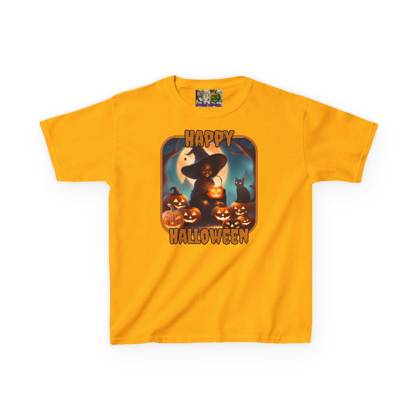Happy Halloween Cute Witch Orange font Kids Heavy Cotton™ Tee by CreepyCrafts.boo
