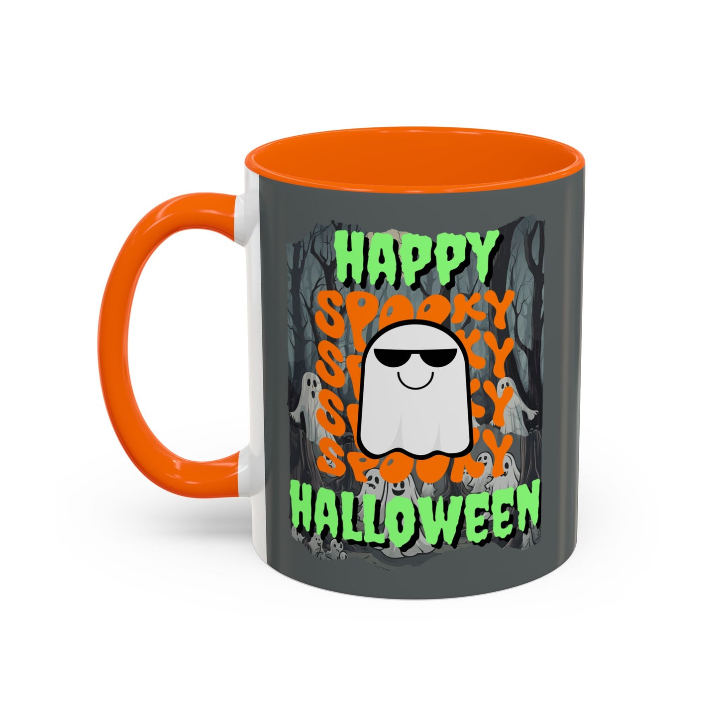 Spooky Happy Halloween Ghost Green font Grey Accent Mug by CreepyCrafts.boo