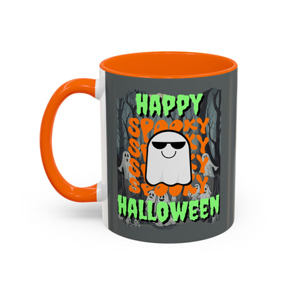Spooky Happy Halloween Ghost Green font Grey Accent Mug by CreepyCrafts.boo