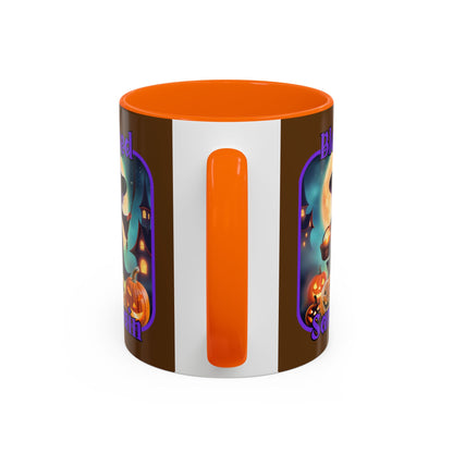 Blessed Samhain Little Witch Purple font Brown Accent Mug by CreepyCrafts.boo