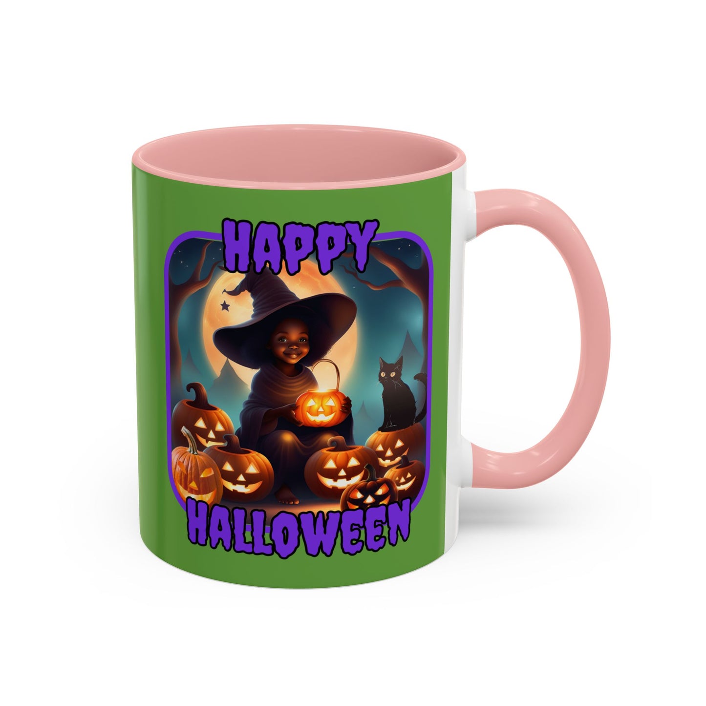 Happy Halloween Cute Witch Purple font Green Accent Mug by CreepyCrafts.boo