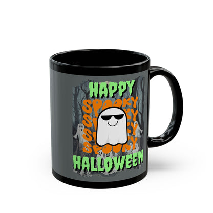 Spooky Happy Halloween Ghost Green font Grey Mug by CreepyCrafts.boo