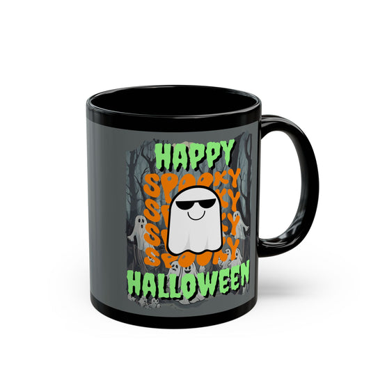 Spooky Happy Halloween Ghost Green font Grey Mug by CreepyCrafts.boo