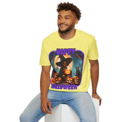 Happy Halloween Cute Witch Purple font Light colors Unisex T-Shirt by CreepyCrafts.boo