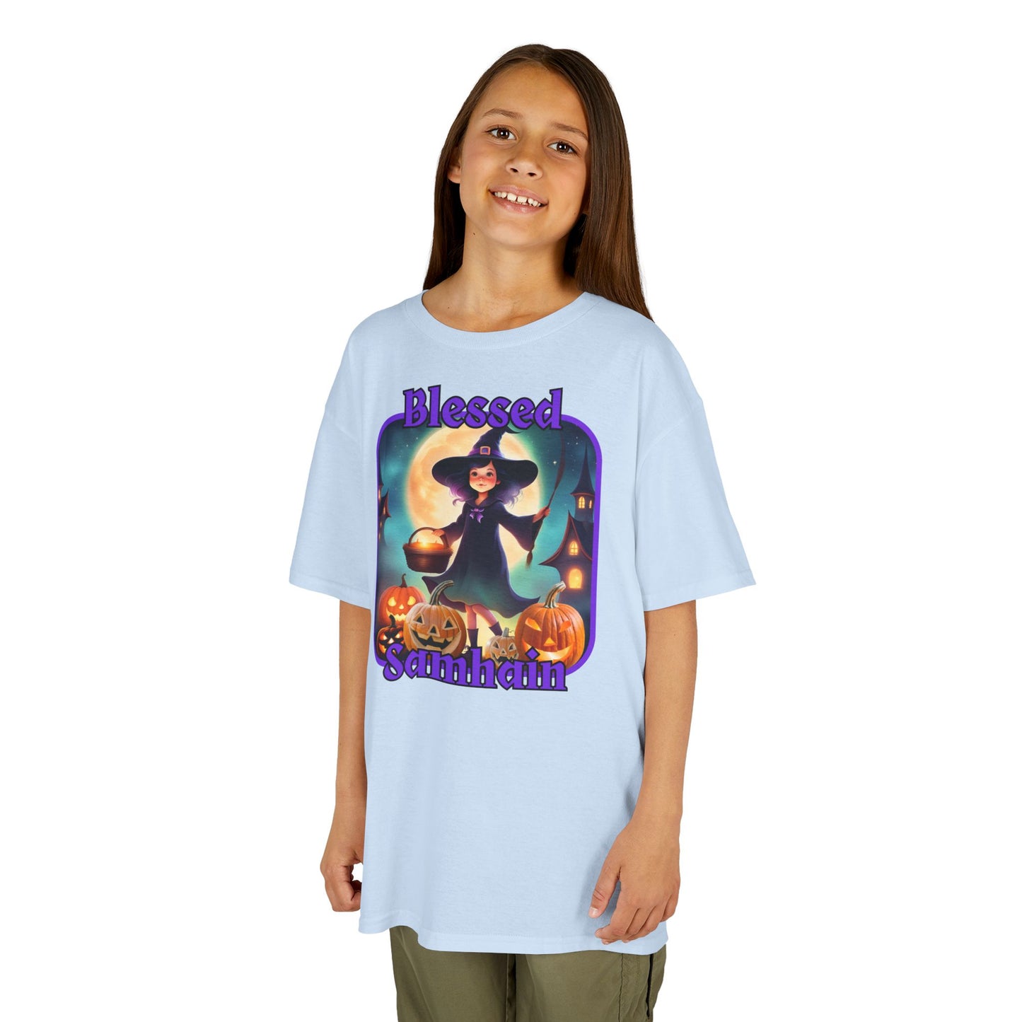 Blessed Samhain Little Witch Purple font Kids Heavy Cotton™ Tee by CreepyCrafts.boo