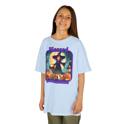 Blessed Samhain Little Witch Purple font Kids Heavy Cotton™ Tee by CreepyCrafts.boo