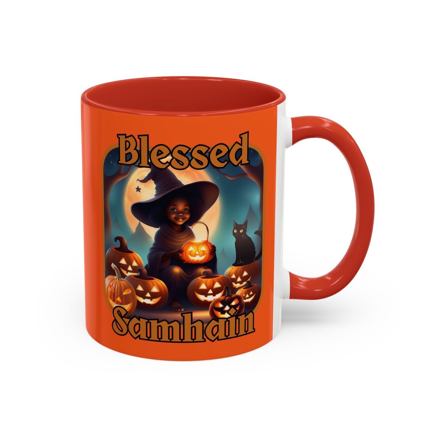 Blessed Samhain Cute Witch Orange font Orange Accent Mug by CreepyCrafts.boo