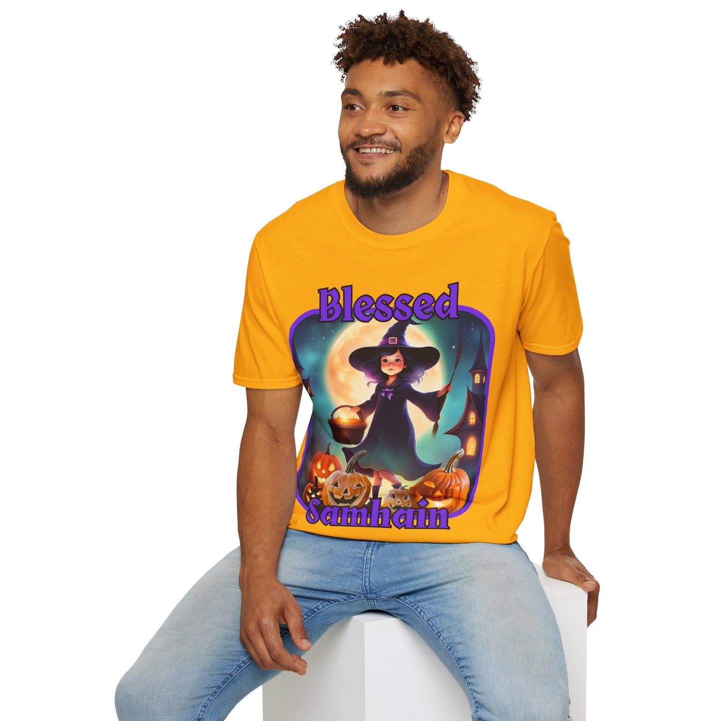 Blessed Samhain Little Witch Purple font Light colors Unisex T-Shirt by CreepyCrafts.boo