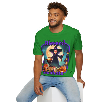 Blessed Samhain Little Witch Purple font Dark colors Unisex T-Shirt by CreepyCrafts.boo